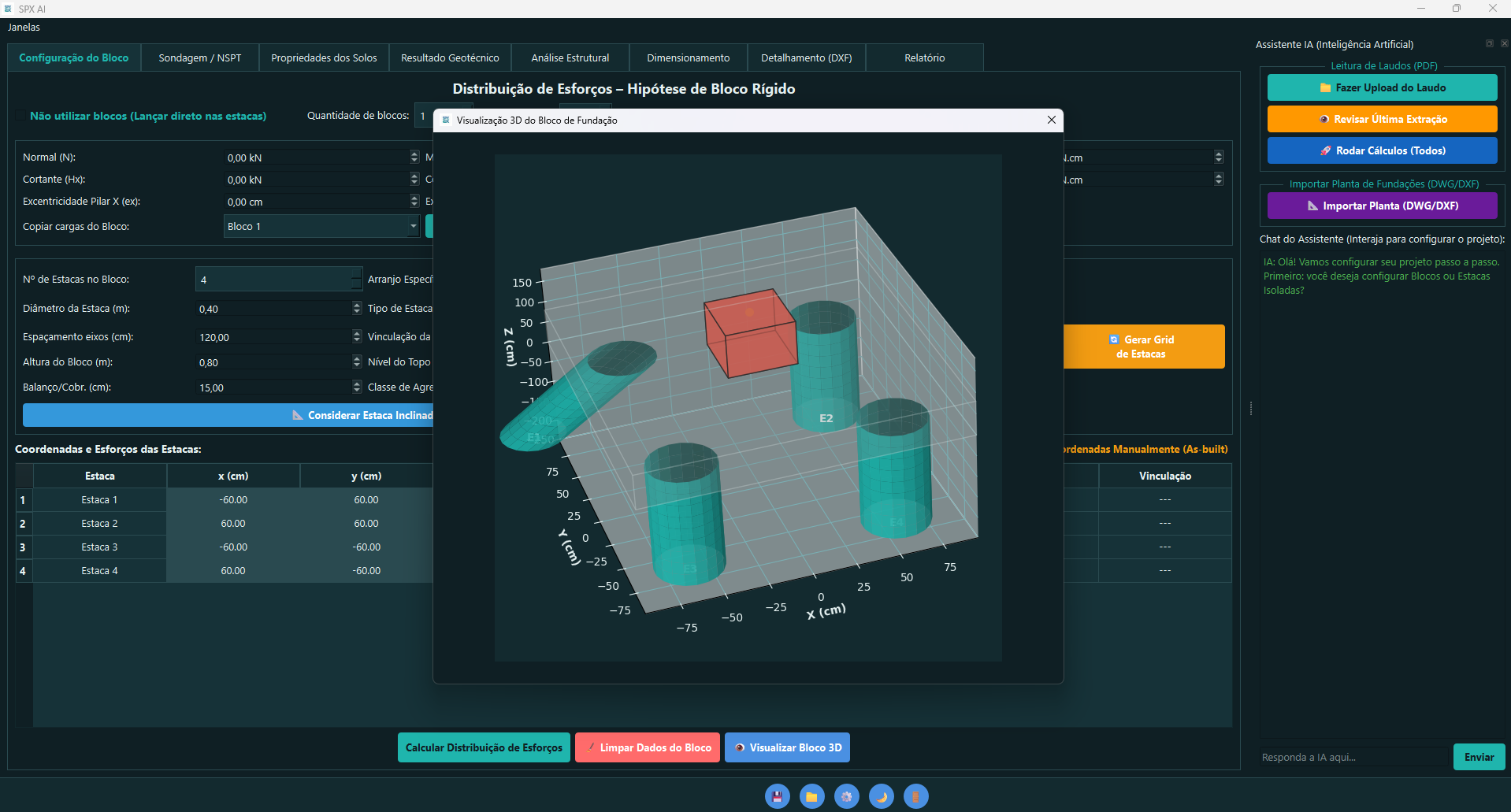 Assistente de IA e visualização 3D do bloco de fundação
