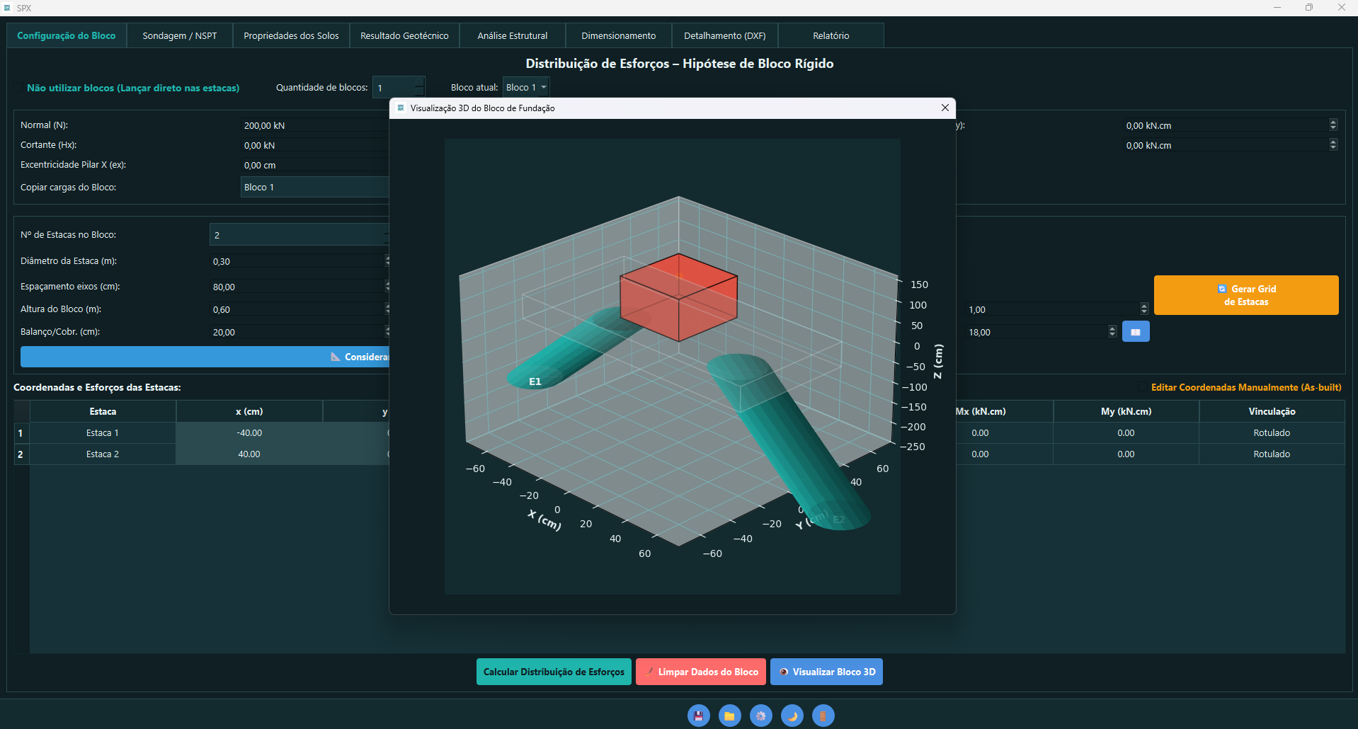 Visualização 3D do bloco com estacas inclinadas
